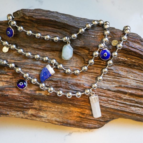 Silver Charm Bracelet with Selenite & Blue Evil Eye - Image 4