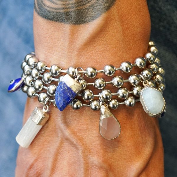 Silver Charm Bracelet with Selenite & Blue Evil Eye - Image 2