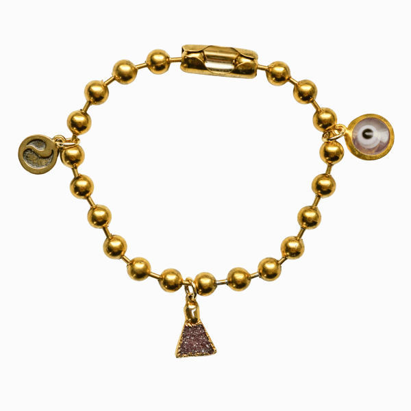 Gold Charm Bracelet with Agate Druzy Pyramid & Clear Evil Eye