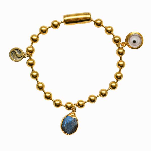 Gold Charm Bracelet with Labradorite & Clear Evil Eye
