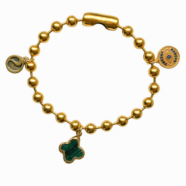 Gold Charm Bracelet with CZ Evil Eye & Malachite