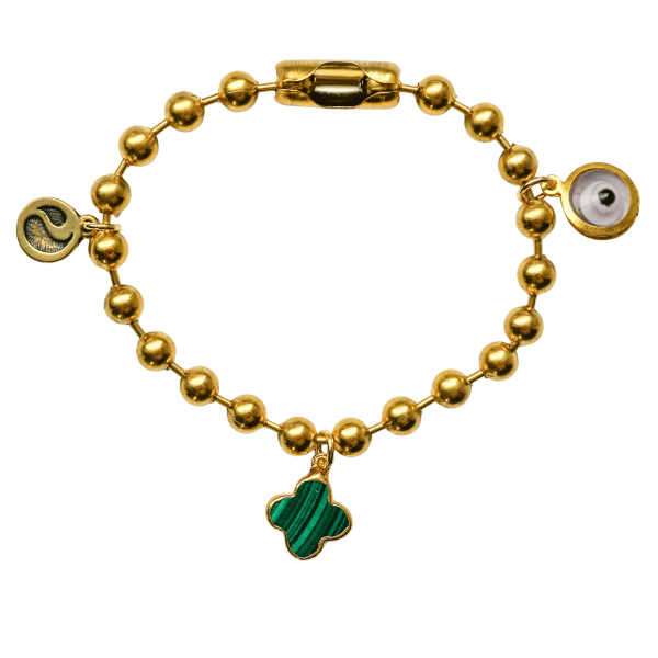 Gold Charm Bracelet with Malachite & Clear Evil Eye