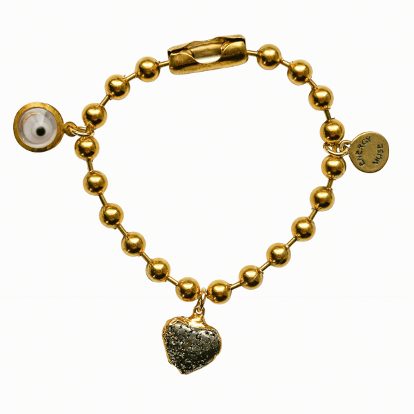 Gold Charm Bracelet with Pyrite Heart & Clear Evil Eye