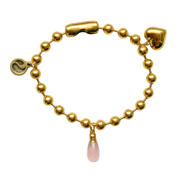 Gold Charm Bracelet with Rose Quartz & Gold Heart