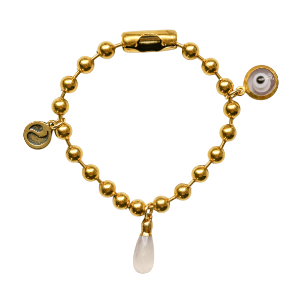 Gold Charm Bracelet with Rose Quartz & Clear Evil Eye