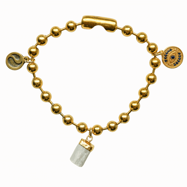 Gold Charm Bracelet with CZ Evil Eye & Selenite