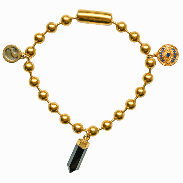 Gold Charm Bracelet with CZ Evil Eye & Black Tourmaline