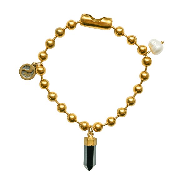 Gold Charm Bracelet with Black Tourmaline & Pearl