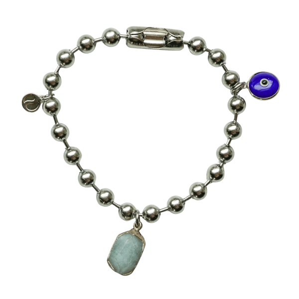Silver Charm Bracelet with Aquamarine & Blue Evil Eye