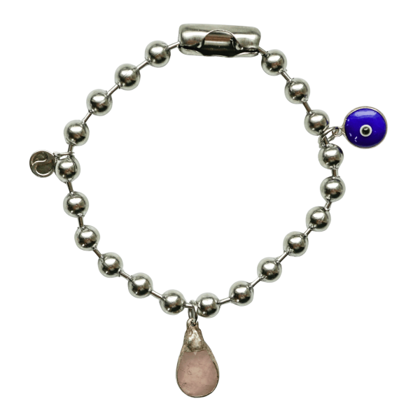 Silver Charm Bracelet with Rose Quartz & Blue Evil Eye