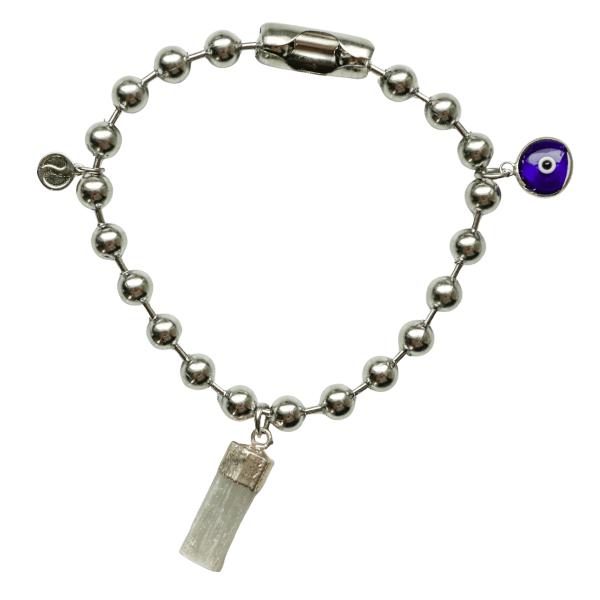 Silver Charm Bracelet with Selenite & Blue Evil Eye