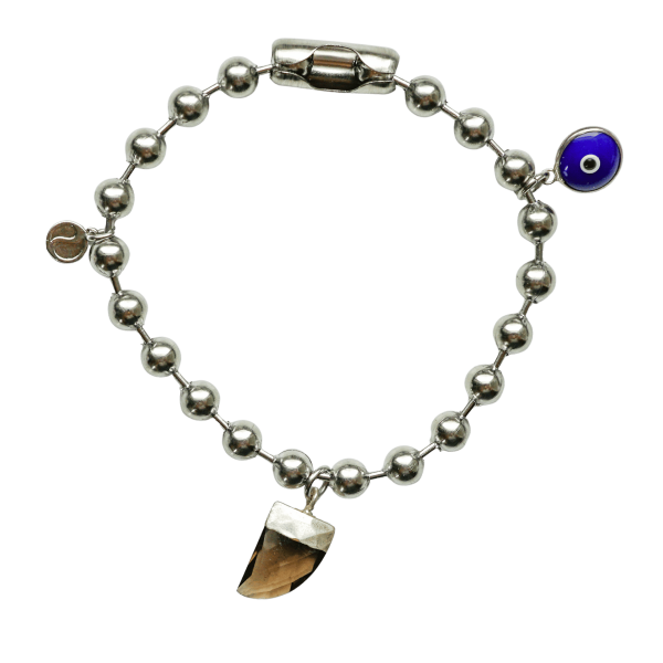 Silver Charm Bracelet with Smoky Quartz & Blue Evil Eye